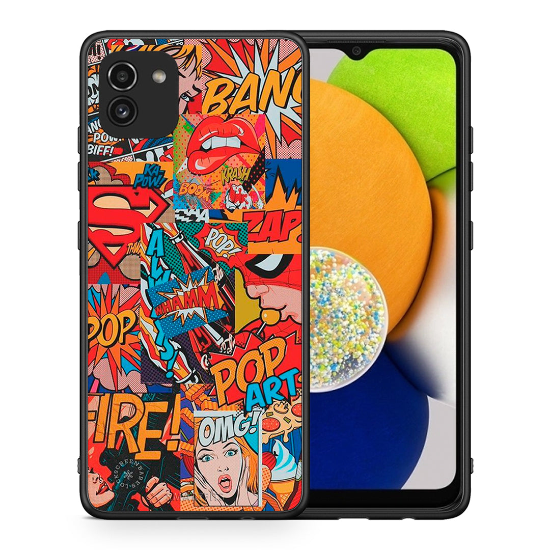 Θήκη Samsung A03 PopArt OMG από τη Smartfits με σχέδιο στο πίσω μέρος και μαύρο περίβλημα | Samsung A03 PopArt OMG case with colorful back and black bezels