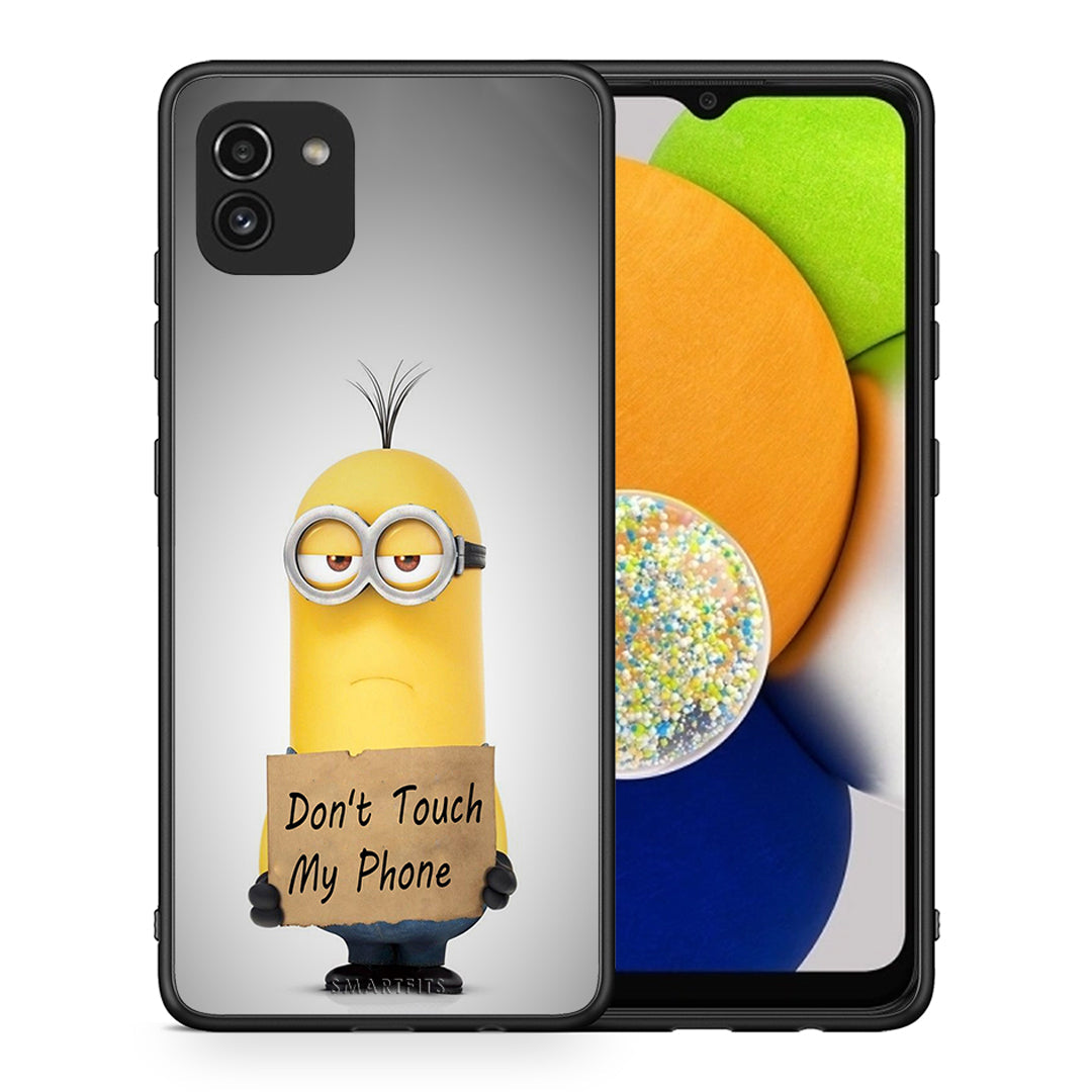 Θήκη Samsung A03 Minion Text από τη Smartfits με σχέδιο στο πίσω μέρος και μαύρο περίβλημα | Samsung A03 Minion Text case with colorful back and black bezels