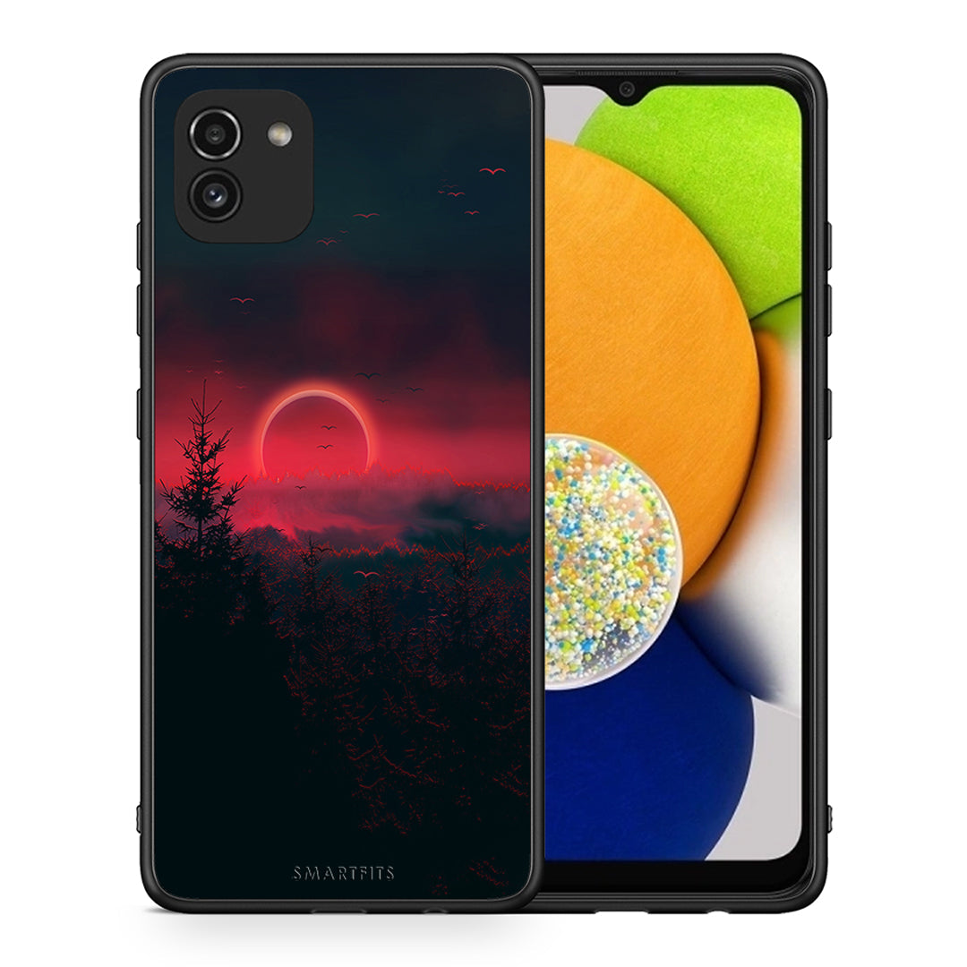 Θήκη Samsung A03 Sunset Tropic από τη Smartfits με σχέδιο στο πίσω μέρος και μαύρο περίβλημα | Samsung A03 Sunset Tropic case with colorful back and black bezels