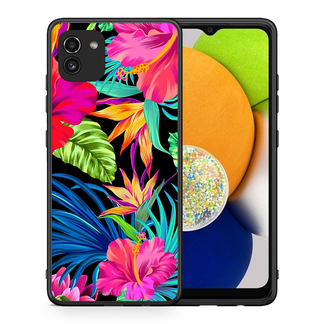 Θήκη Samsung A03 Tropical Flowers από τη Smartfits με σχέδιο στο πίσω μέρος και μαύρο περίβλημα | Samsung A03 Tropical Flowers case with colorful back and black bezels