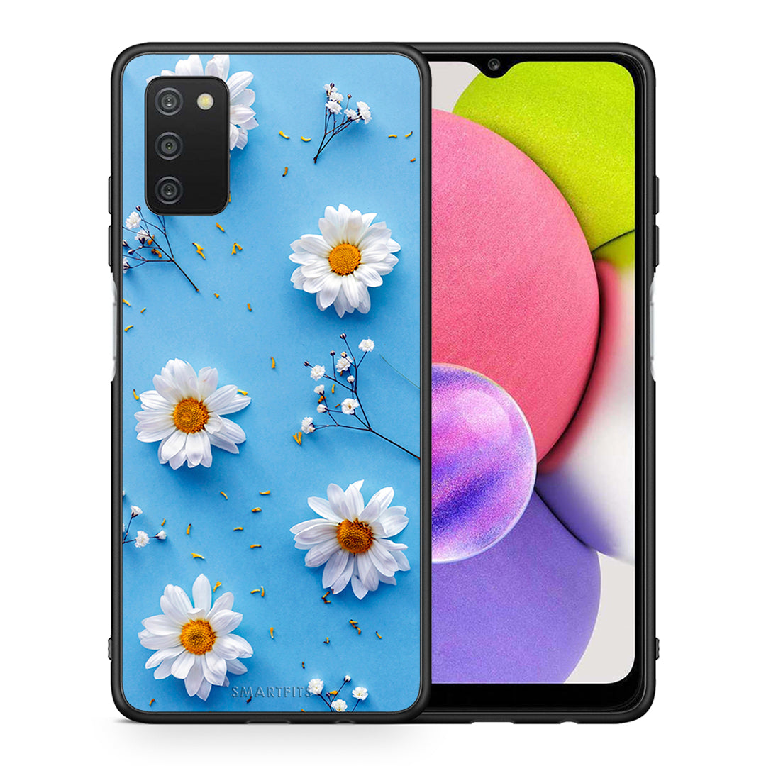 Θήκη Samsung A03s Real Daisies από τη Smartfits με σχέδιο στο πίσω μέρος και μαύρο περίβλημα | Samsung A03s Real Daisies case with colorful back and black bezels