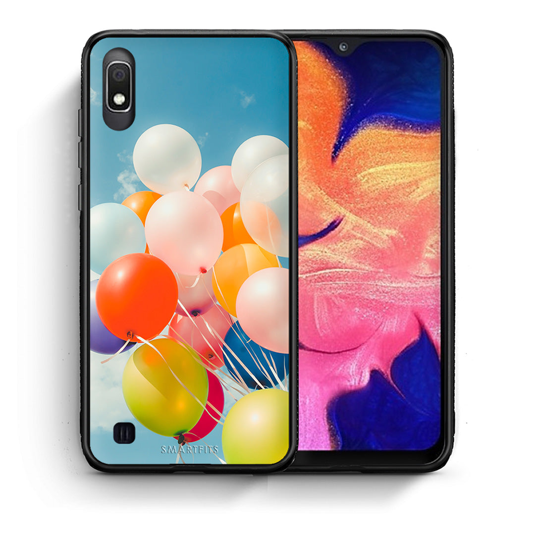 Θήκη Samsung A10 Colorful Balloons από τη Smartfits με σχέδιο στο πίσω μέρος και μαύρο περίβλημα | Samsung A10 Colorful Balloons case with colorful back and black bezels