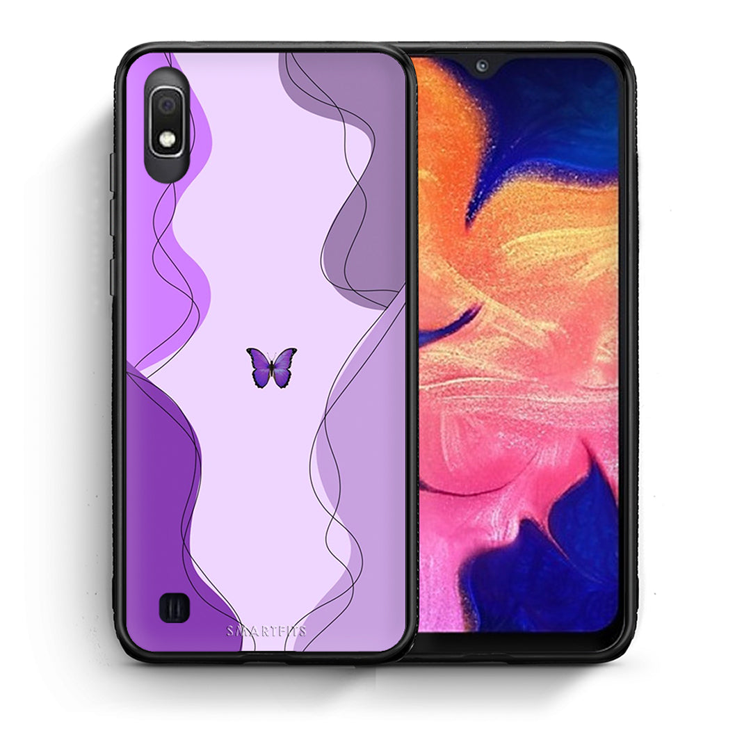 Θήκη Αγίου Βαλεντίνου Samsung A10 Purple Mariposa από τη Smartfits με σχέδιο στο πίσω μέρος και μαύρο περίβλημα | Samsung A10 Purple Mariposa case with colorful back and black bezels