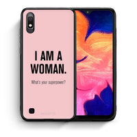 Thumbnail for Θήκη Samsung A10 Superpower Woman από τη Smartfits με σχέδιο στο πίσω μέρος και μαύρο περίβλημα | Samsung A10 Superpower Woman case with colorful back and black bezels