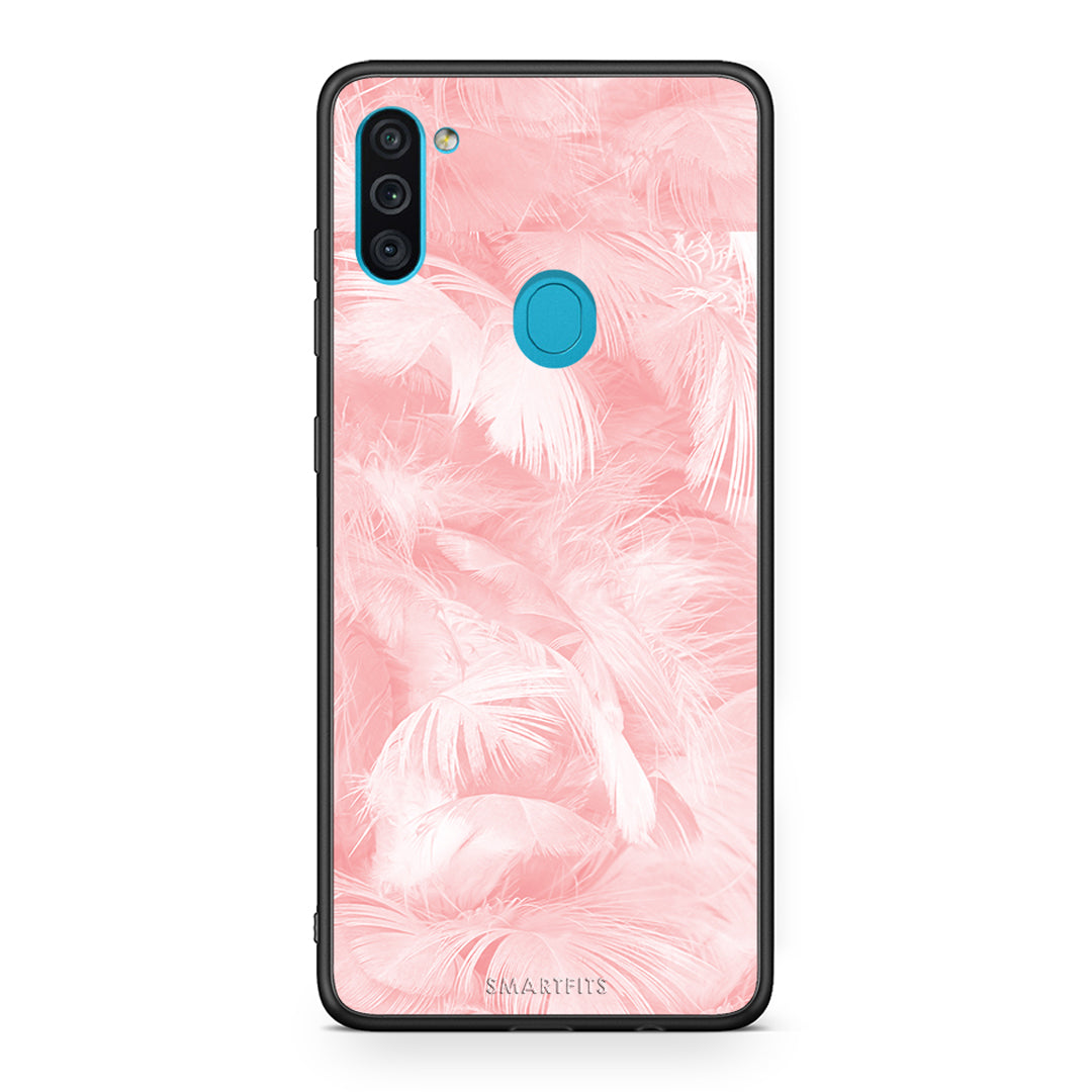 33 - Samsung A11/M11 Pink Feather Boho case, cover, bumper