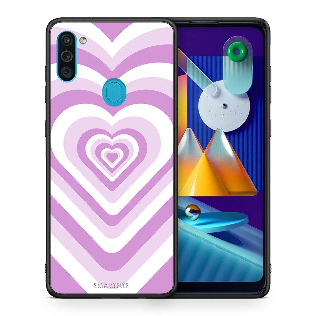 Θήκη Samsung A11/M11 Lilac Hearts από τη Smartfits με σχέδιο στο πίσω μέρος και μαύρο περίβλημα | Samsung A11/M11 Lilac Hearts case with colorful back and black bezels