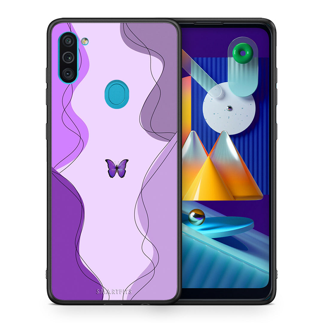 Θήκη Αγίου Βαλεντίνου Samsung A11 / M11 Purple Mariposa από τη Smartfits με σχέδιο στο πίσω μέρος και μαύρο περίβλημα | Samsung A11 / M11 Purple Mariposa case with colorful back and black bezels