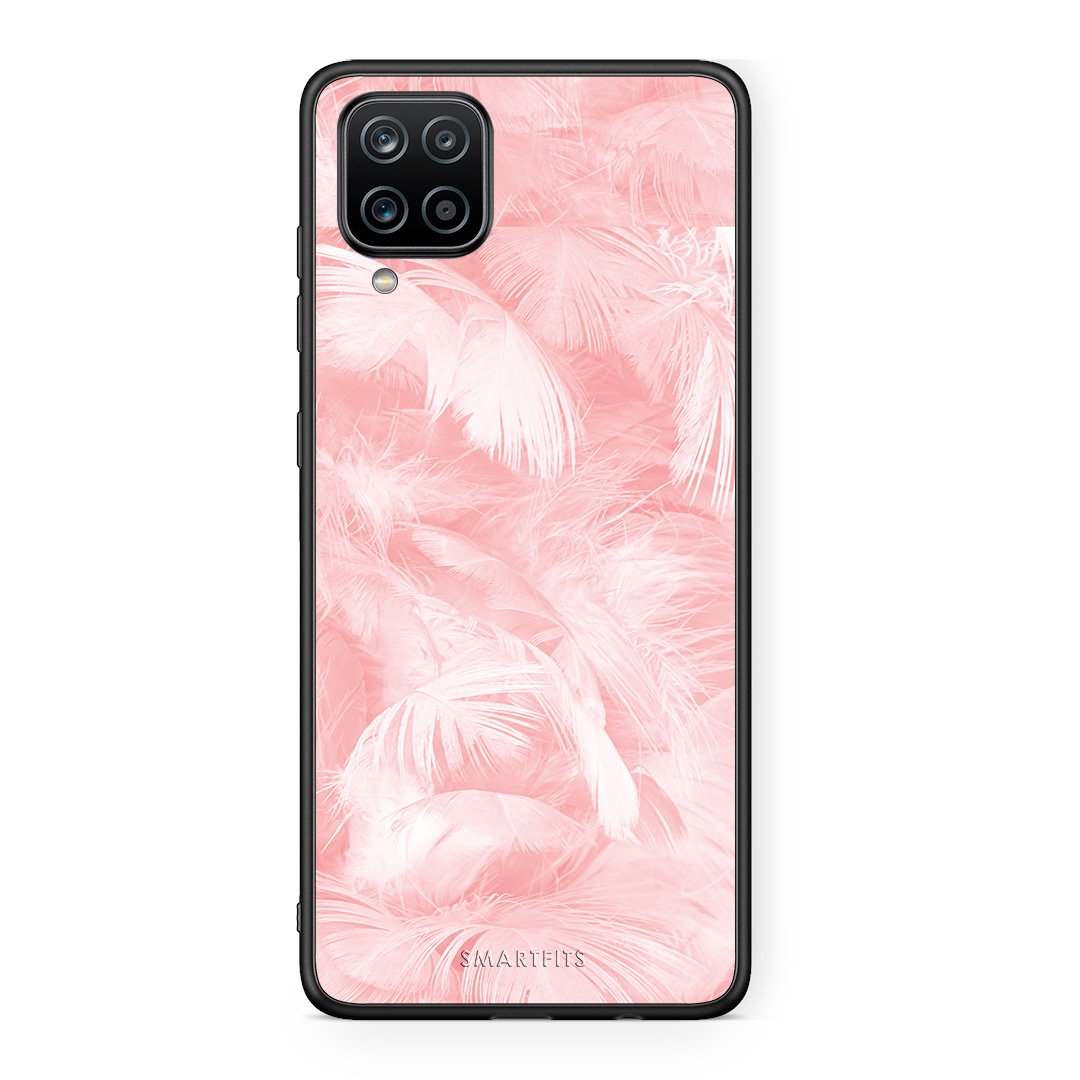 33 - Samsung A12 Pink Feather Boho case, cover, bumper