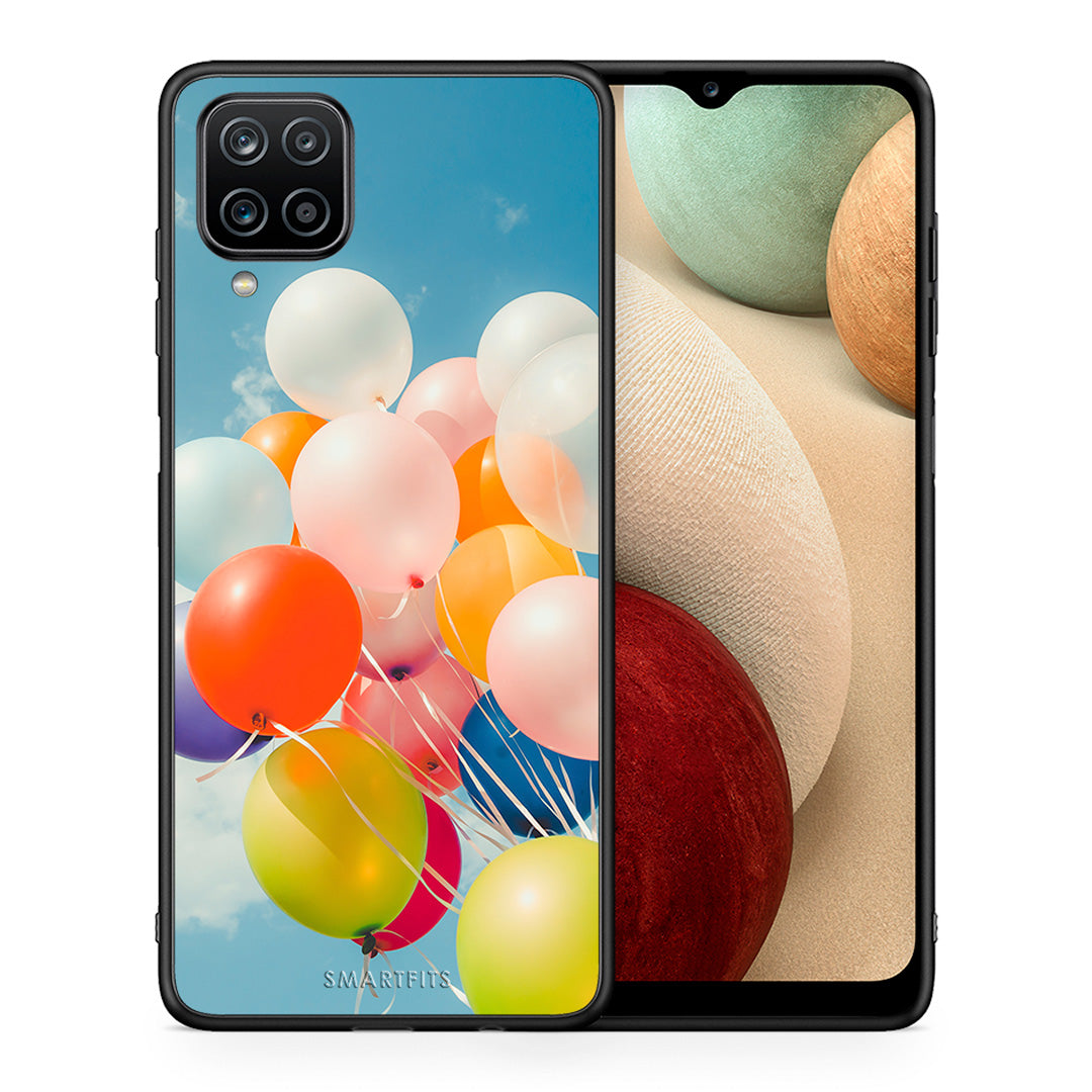 Θήκη Samsung A12 Colorful Balloons από τη Smartfits με σχέδιο στο πίσω μέρος και μαύρο περίβλημα | Samsung A12 Colorful Balloons case with colorful back and black bezels