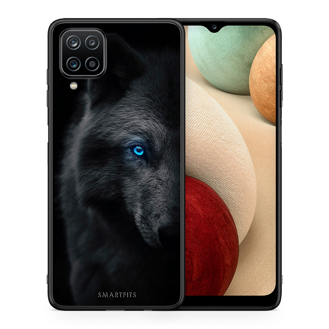 Θήκη Samsung A12 Dark Wolf από τη Smartfits με σχέδιο στο πίσω μέρος και μαύρο περίβλημα | Samsung A12 Dark Wolf case with colorful back and black bezels