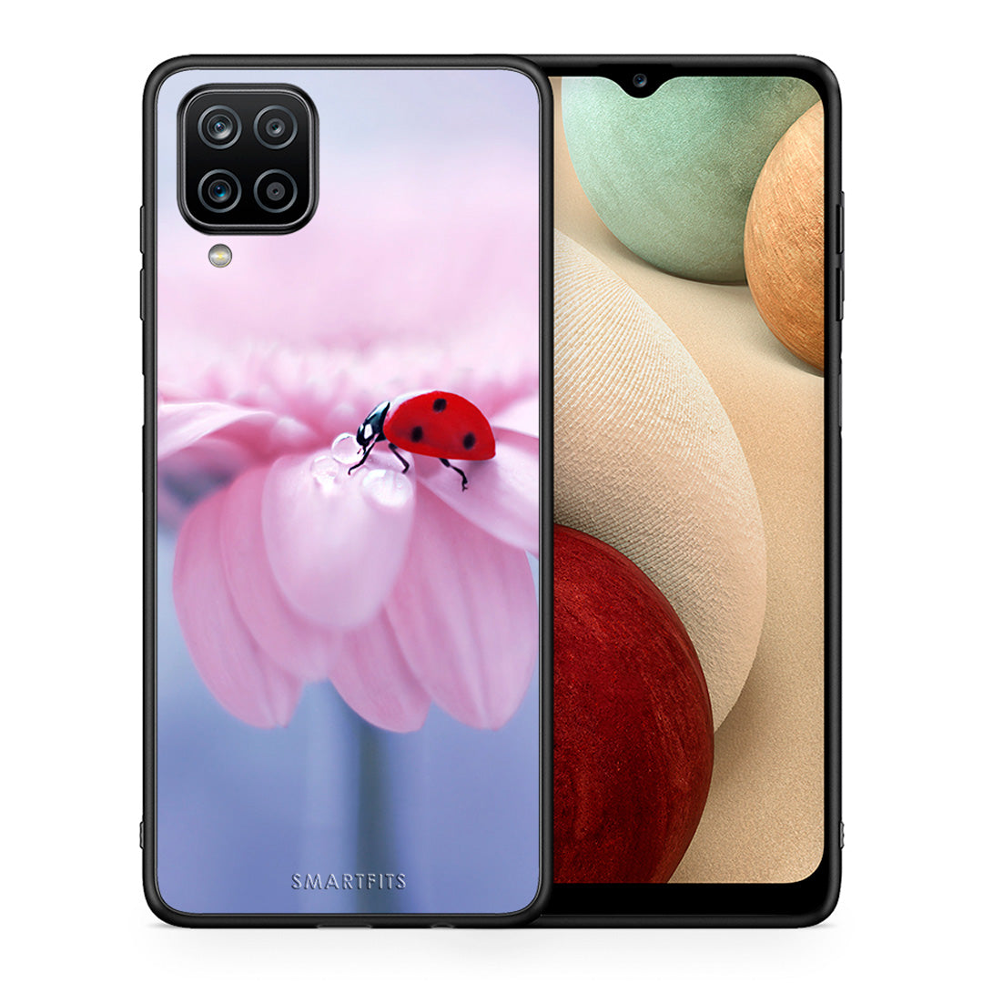 Θήκη Samsung A12 Ladybug Flower από τη Smartfits με σχέδιο στο πίσω μέρος και μαύρο περίβλημα | Samsung A12 Ladybug Flower case with colorful back and black bezels