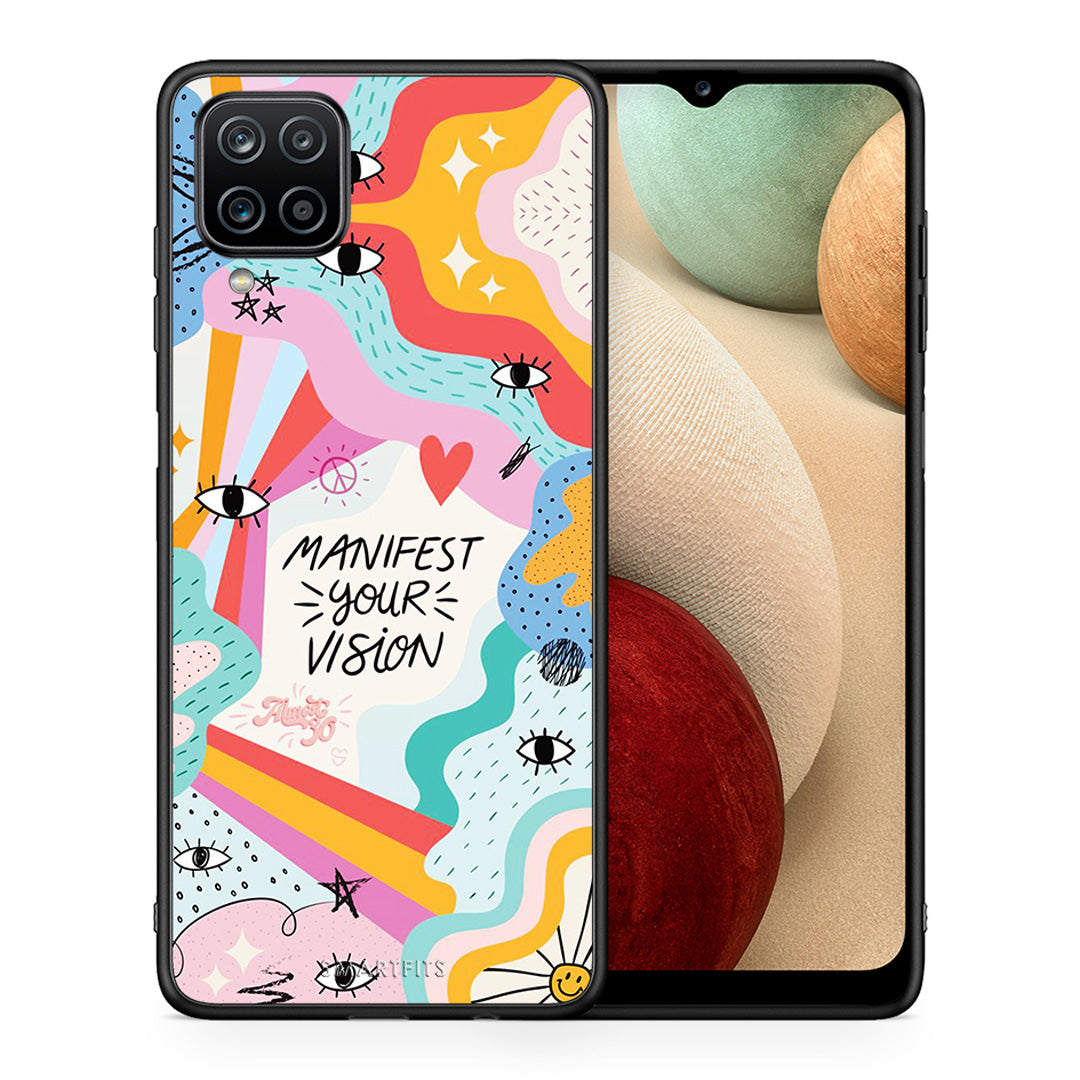 Θήκη Samsung A12 Manifest Your Vision από τη Smartfits με σχέδιο στο πίσω μέρος και μαύρο περίβλημα | Samsung A12 Manifest Your Vision case with colorful back and black bezels