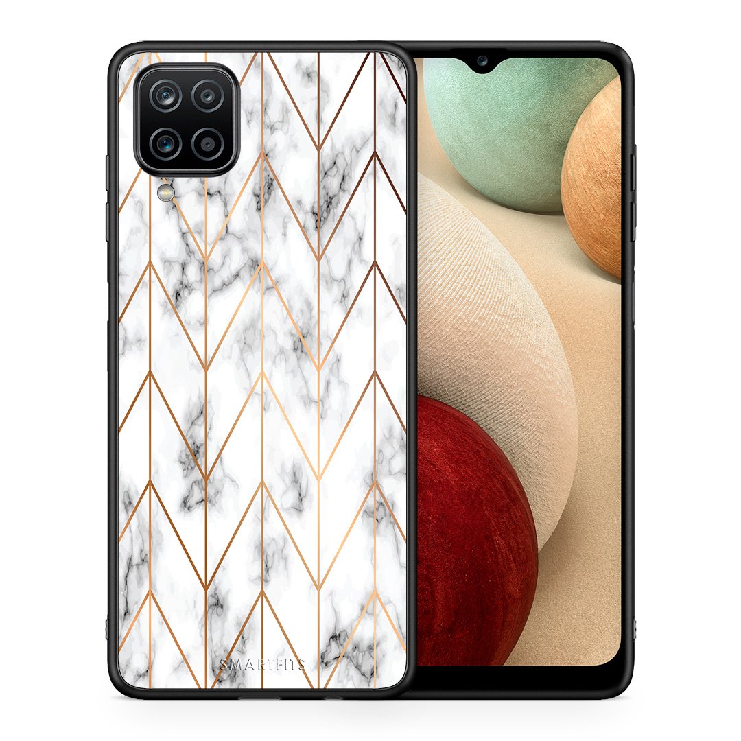 Θήκη Samsung A12 Gold Geometric Marble από τη Smartfits με σχέδιο στο πίσω μέρος και μαύρο περίβλημα | Samsung A12 Gold Geometric Marble case with colorful back and black bezels