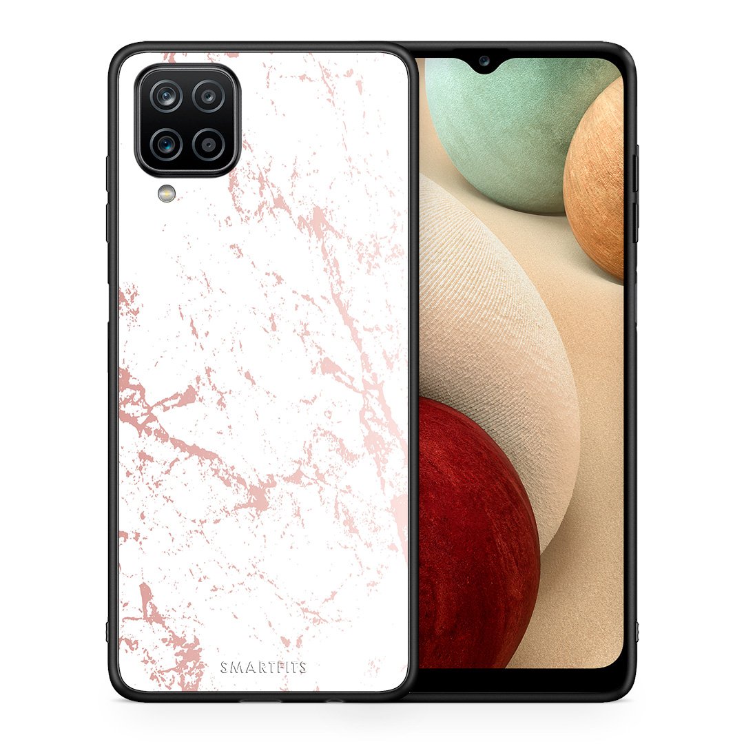 Θήκη Samsung A12 Pink Splash Marble από τη Smartfits με σχέδιο στο πίσω μέρος και μαύρο περίβλημα | Samsung A12 Pink Splash Marble case with colorful back and black bezels