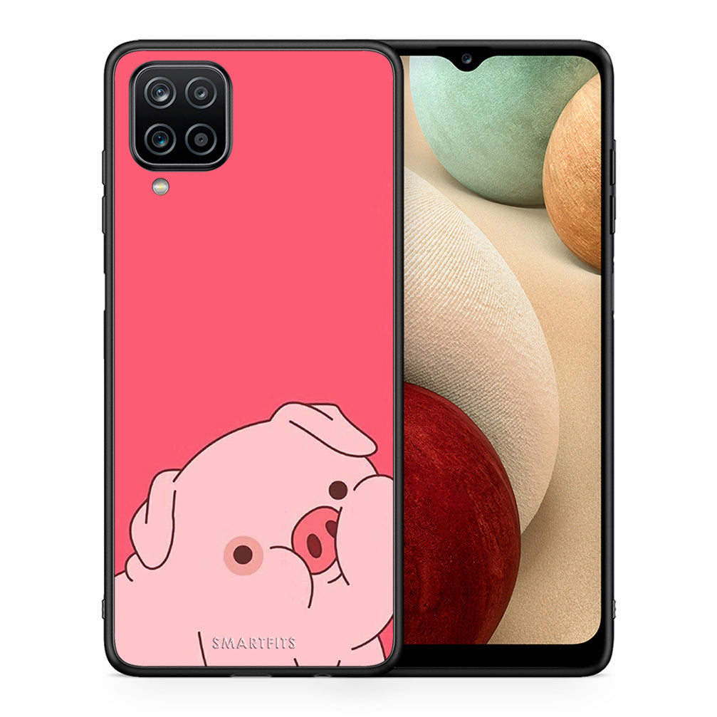 Θήκη Αγίου Βαλεντίνου Samsung A12 Pig Love 1 από τη Smartfits με σχέδιο στο πίσω μέρος και μαύρο περίβλημα | Samsung A12 Pig Love 1 case with colorful back and black bezels