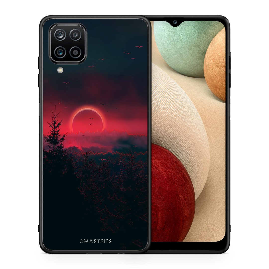 Θήκη Samsung A12 Sunset Tropic από τη Smartfits με σχέδιο στο πίσω μέρος και μαύρο περίβλημα | Samsung A12 Sunset Tropic case with colorful back and black bezels