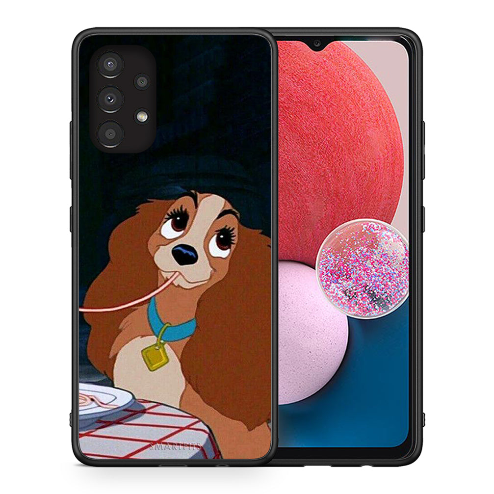 Θήκη Αγίου Βαλεντίνου Samsung A13 4G Lady And Tramp 2 από τη Smartfits με σχέδιο στο πίσω μέρος και μαύρο περίβλημα | Samsung A13 4G Lady And Tramp 2 case with colorful back and black bezels