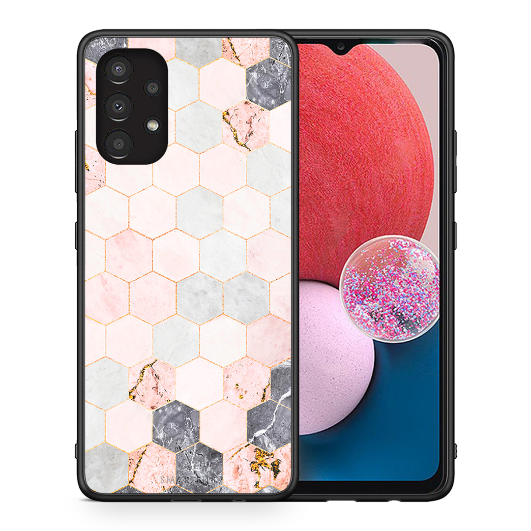Θήκη Samsung A13 4G Hexagon Pink Marble από τη Smartfits με σχέδιο στο πίσω μέρος και μαύρο περίβλημα | Samsung A13 4G Hexagon Pink Marble case with colorful back and black bezels