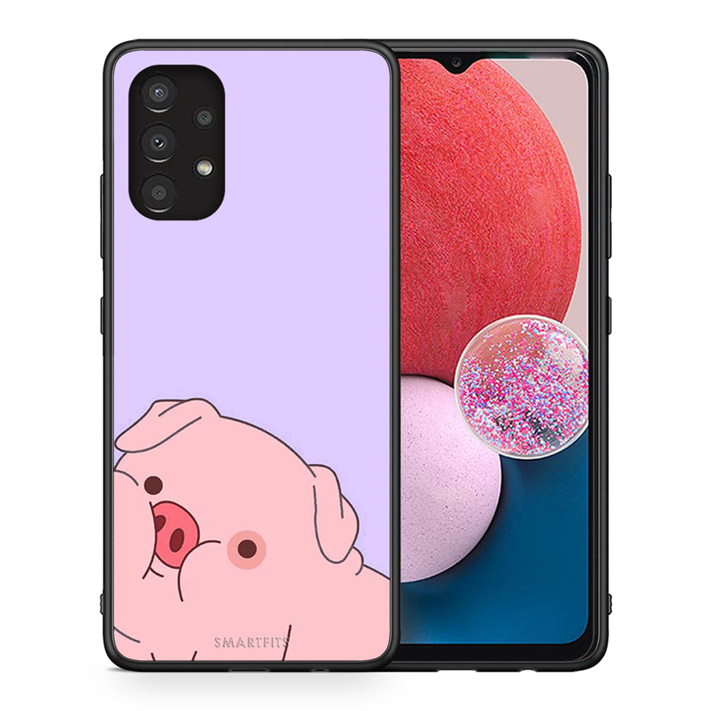 Θήκη Αγίου Βαλεντίνου Samsung A13 4G Pig Love 2 από τη Smartfits με σχέδιο στο πίσω μέρος και μαύρο περίβλημα | Samsung A13 4G Pig Love 2 case with colorful back and black bezels