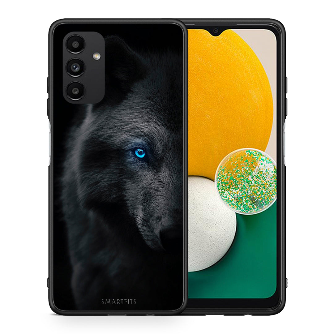 Θήκη Samsung A04s Dark Wolf από τη Smartfits με σχέδιο στο πίσω μέρος και μαύρο περίβλημα | Samsung A04s Dark Wolf case with colorful back and black bezels