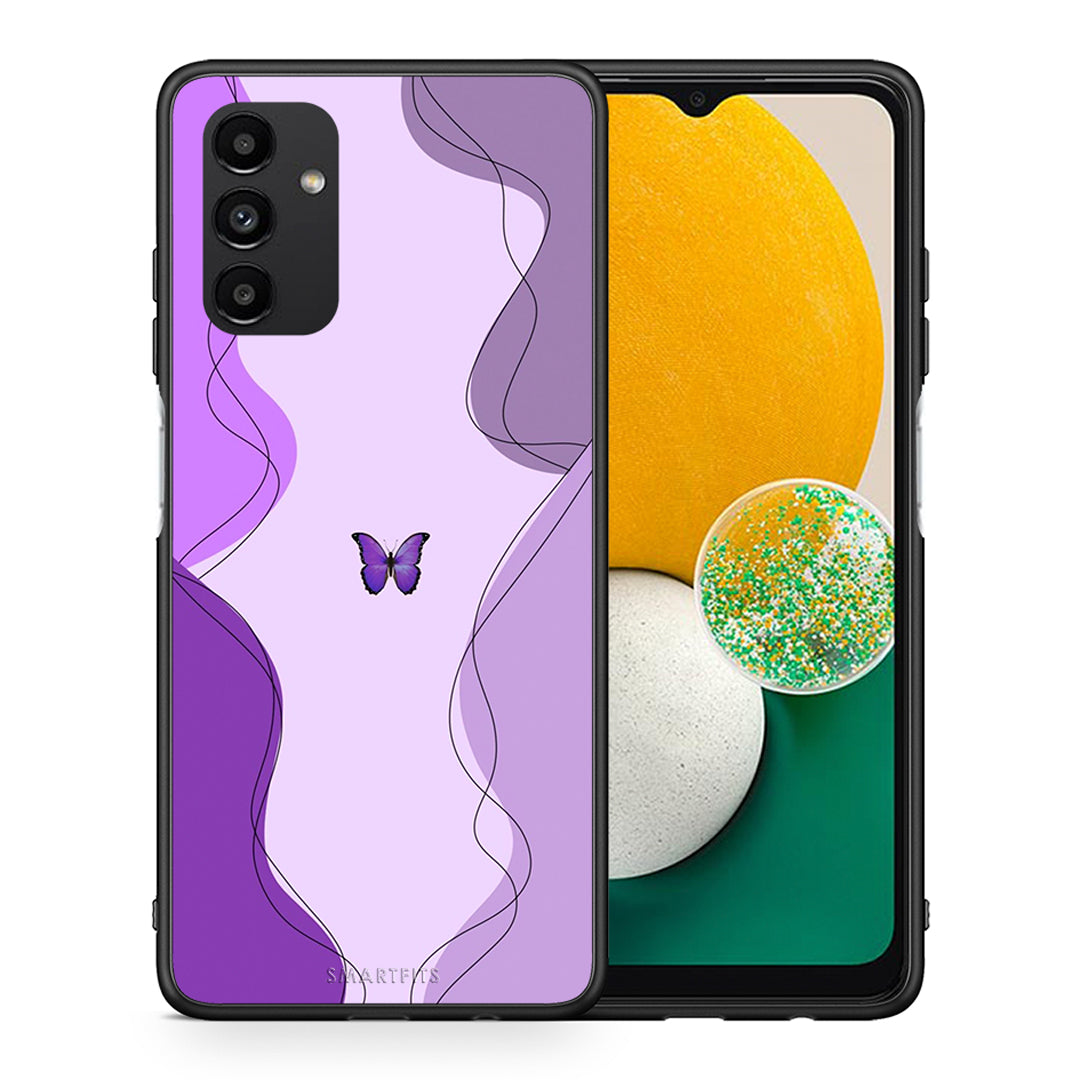 Θήκη Αγίου Βαλεντίνου Samsung A04s Purple Mariposa από τη Smartfits με σχέδιο στο πίσω μέρος και μαύρο περίβλημα | Samsung A04s Purple Mariposa case with colorful back and black bezels