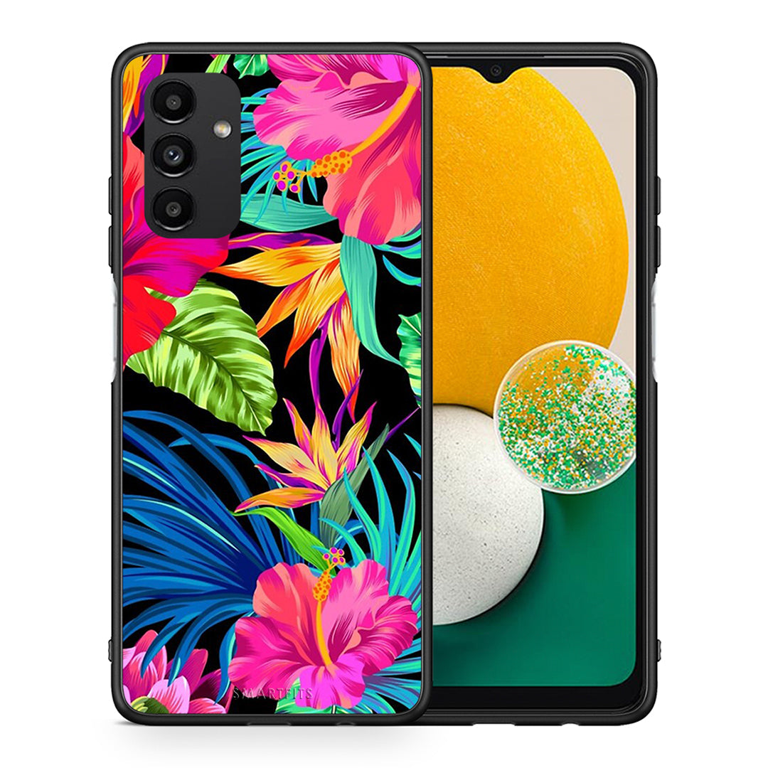 Θήκη Samsung A13 5G Tropical Flowers από τη Smartfits με σχέδιο στο πίσω μέρος και μαύρο περίβλημα | Samsung A13 5G Tropical Flowers case with colorful back and black bezels