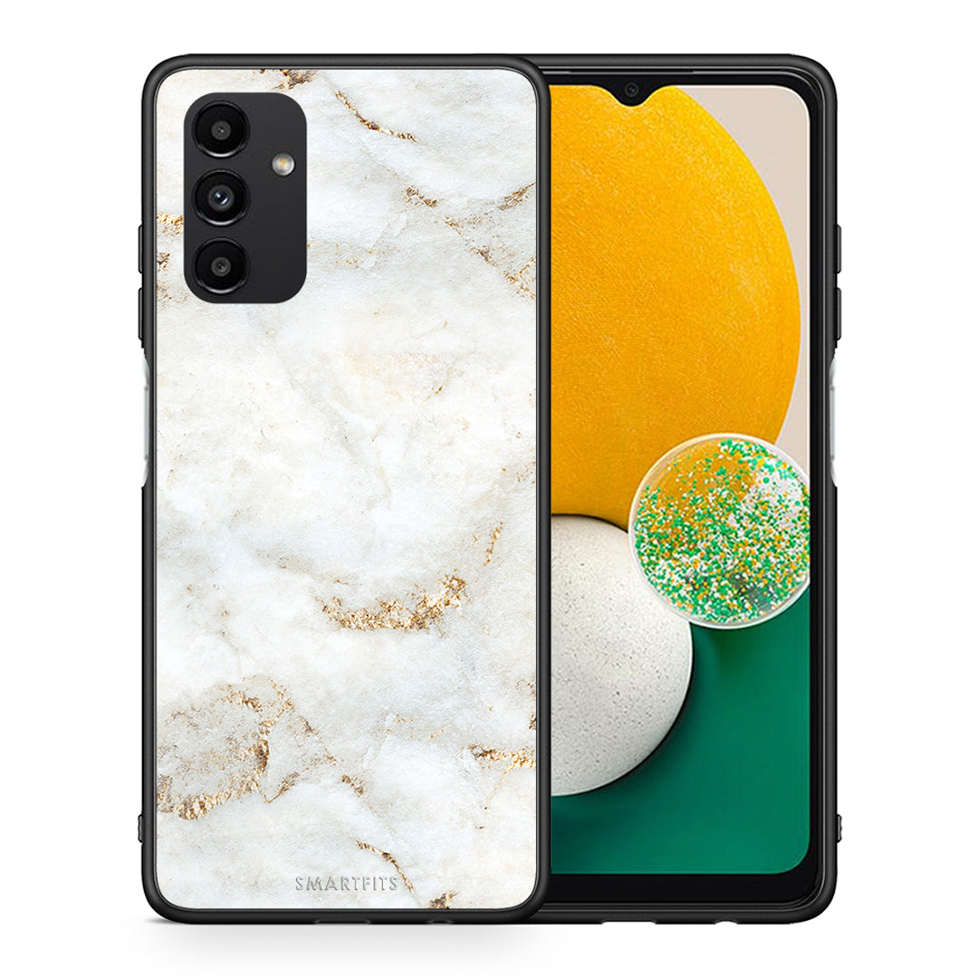 Θήκη Samsung A13 5G White Gold Marble από τη Smartfits με σχέδιο στο πίσω μέρος και μαύρο περίβλημα | Samsung A13 5G White Gold Marble case with colorful back and black bezels