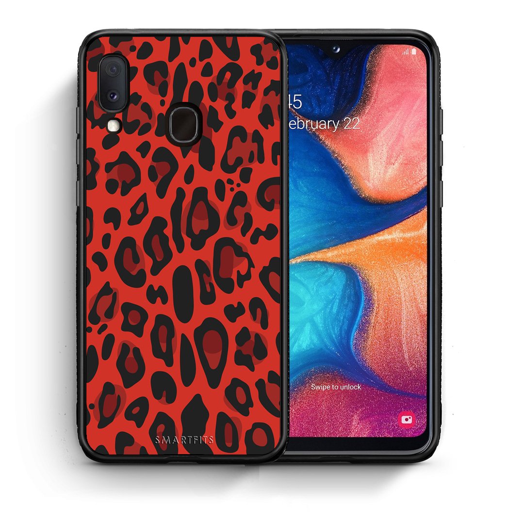Θήκη Samsung A20e Red Leopard Animal από τη Smartfits με σχέδιο στο πίσω μέρος και μαύρο περίβλημα | Samsung A20e Red Leopard Animal case with colorful back and black bezels