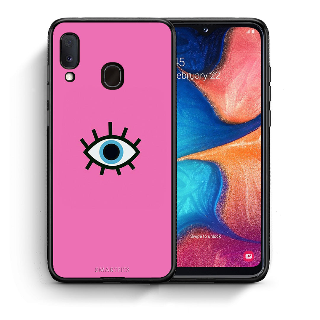 Θήκη Samsung A20e Blue Eye Pink από τη Smartfits με σχέδιο στο πίσω μέρος και μαύρο περίβλημα | Samsung A20e Blue Eye Pink case with colorful back and black bezels