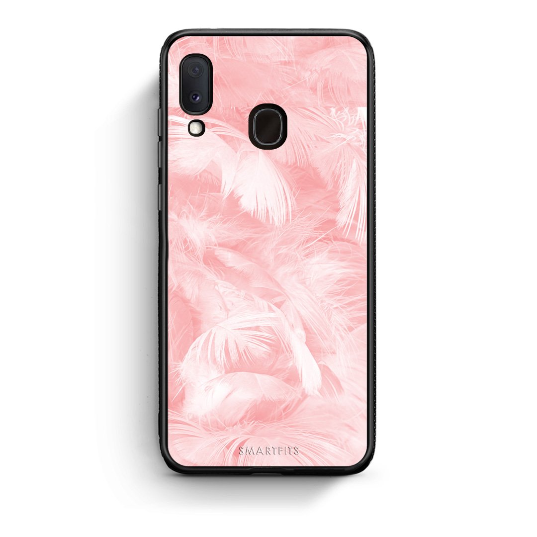 33 - Samsung A20e Pink Feather Boho case, cover, bumper