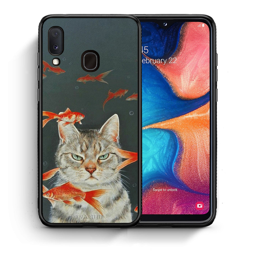 Θήκη Samsung A20e Cat Goldfish από τη Smartfits με σχέδιο στο πίσω μέρος και μαύρο περίβλημα | Samsung A20e Cat Goldfish case with colorful back and black bezels