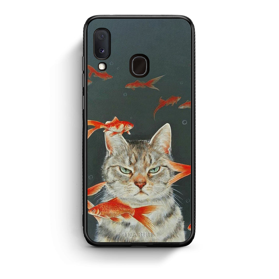 Samsung A20e Cat Goldfish θήκη από τη Smartfits με σχέδιο στο πίσω μέρος και μαύρο περίβλημα | Smartphone case with colorful back and black bezels by Smartfits