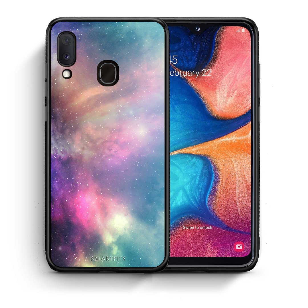 Θήκη Samsung A20e Rainbow Galaxy από τη Smartfits με σχέδιο στο πίσω μέρος και μαύρο περίβλημα | Samsung A20e Rainbow Galaxy case with colorful back and black bezels