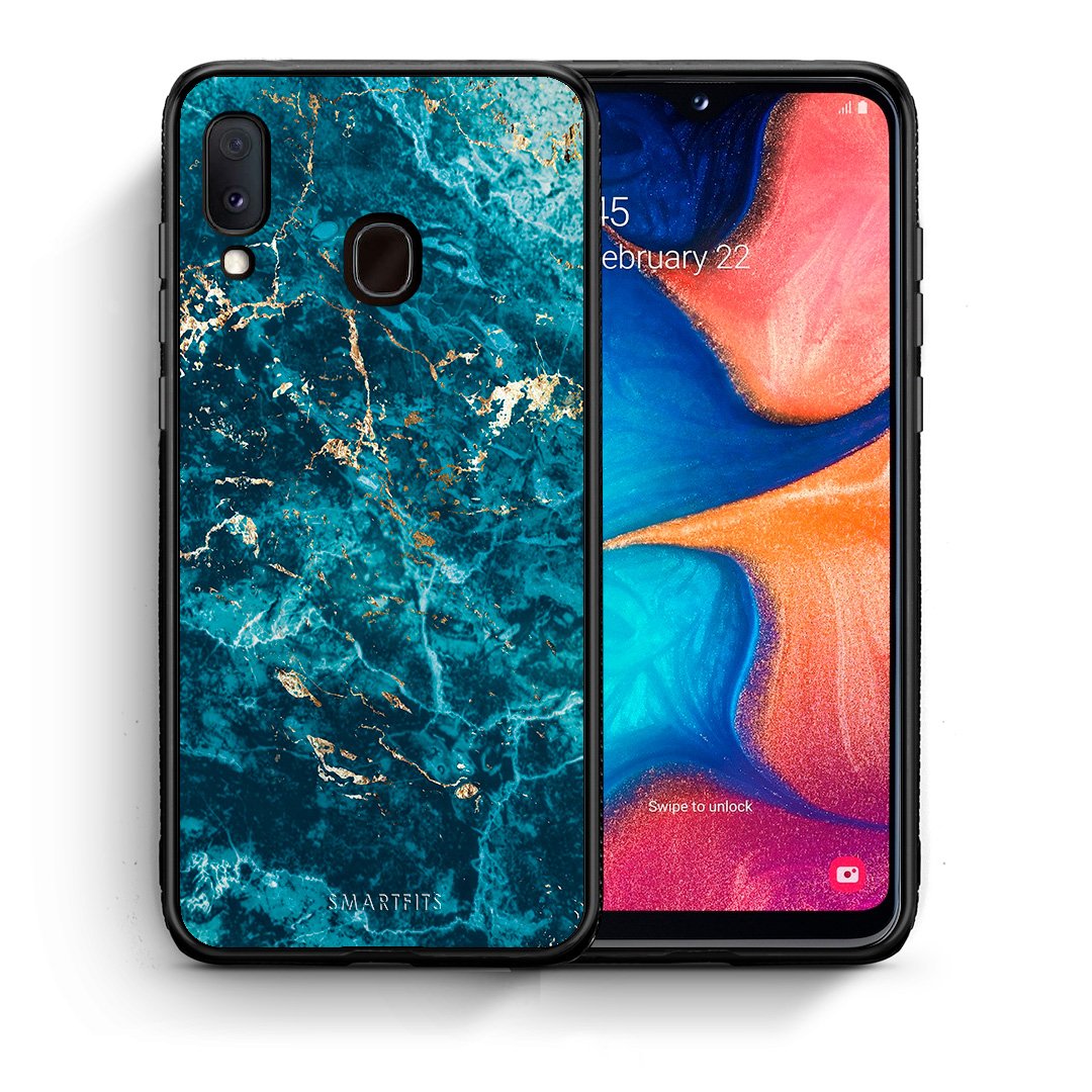 Θήκη Samsung A20e Marble Blue από τη Smartfits με σχέδιο στο πίσω μέρος και μαύρο περίβλημα | Samsung A20e Marble Blue case with colorful back and black bezels