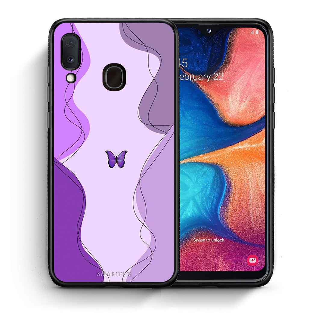 Θήκη Αγίου Βαλεντίνου Samsung Galaxy A30 Purple Mariposa από τη Smartfits με σχέδιο στο πίσω μέρος και μαύρο περίβλημα | Samsung Galaxy A30 Purple Mariposa case with colorful back and black bezels