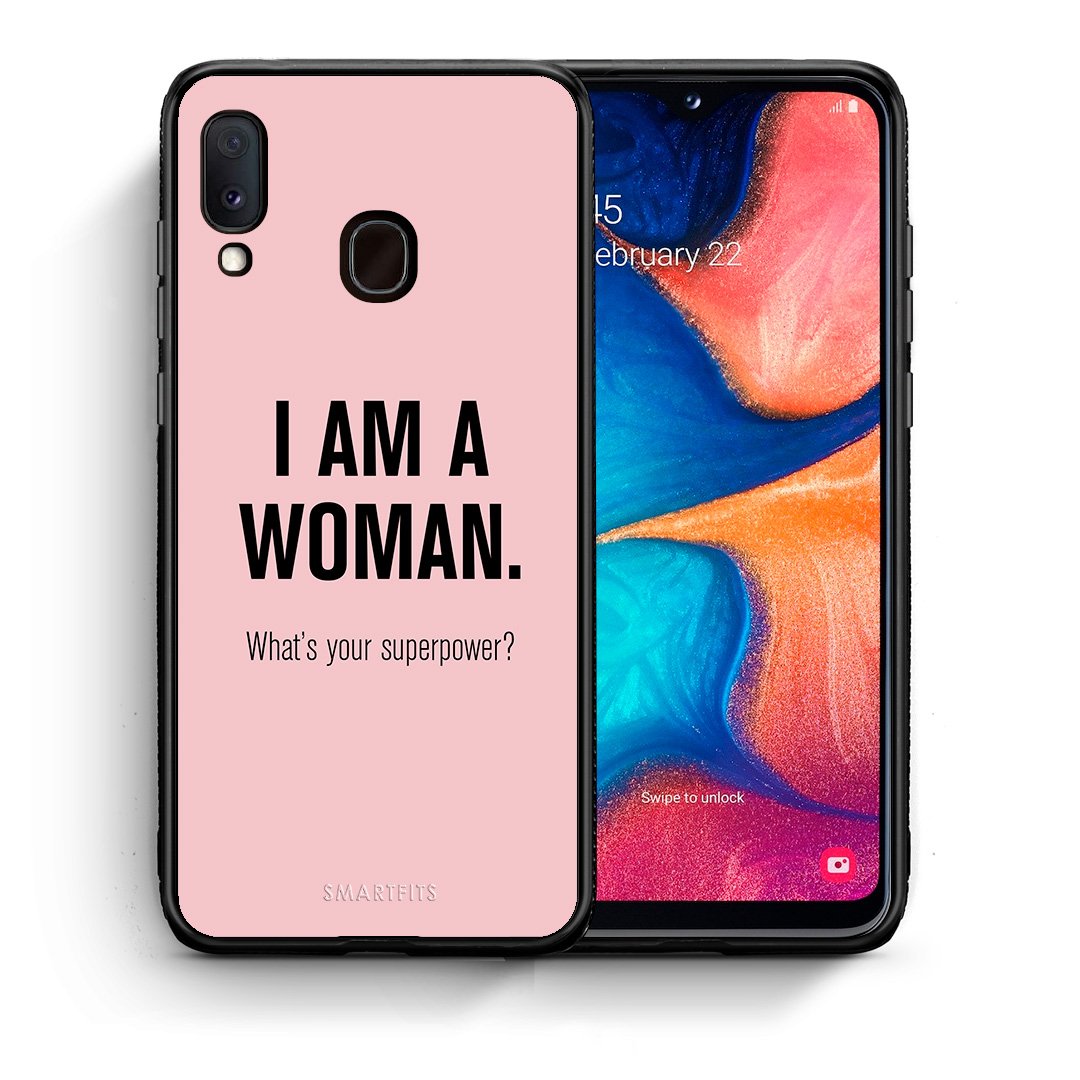 Θήκη Samsung A20e Superpower Woman από τη Smartfits με σχέδιο στο πίσω μέρος και μαύρο περίβλημα | Samsung A20e Superpower Woman case with colorful back and black bezels