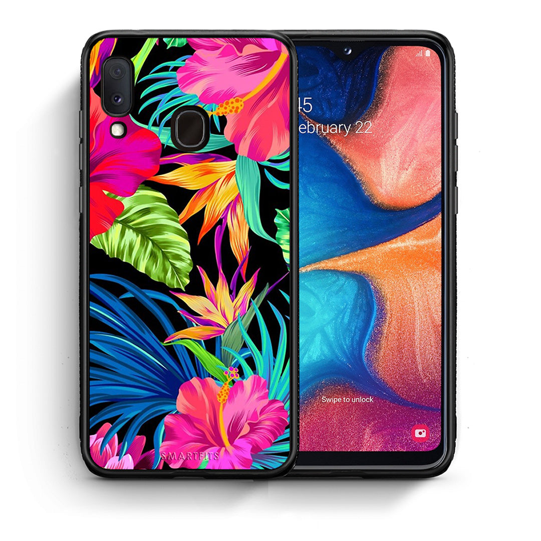 Θήκη Samsung Galaxy A30 Tropical Flowers από τη Smartfits με σχέδιο στο πίσω μέρος και μαύρο περίβλημα | Samsung Galaxy A30 Tropical Flowers case with colorful back and black bezels