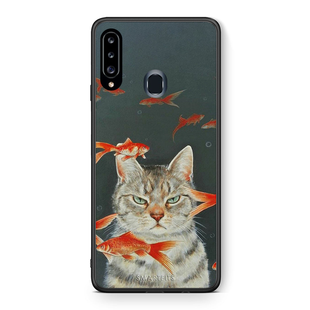 Θήκη Samsung Galaxy A20s Cat Goldfish από τη Smartfits με σχέδιο στο πίσω μέρος και μαύρο περίβλημα | Samsung Galaxy A20s Cat Goldfish case with colorful back and black bezels