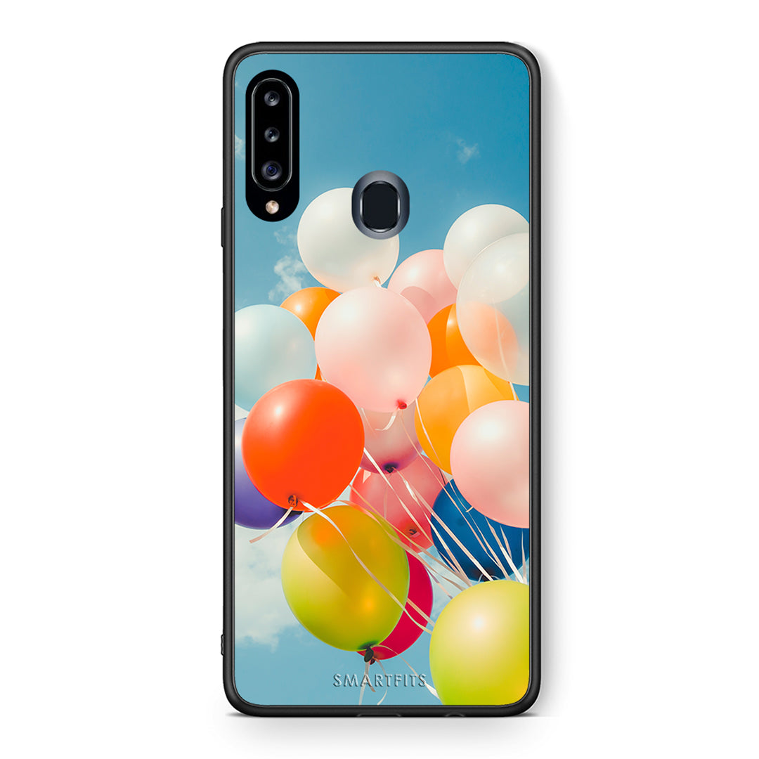 Θήκη Samsung Galaxy A20s Colorful Balloons από τη Smartfits με σχέδιο στο πίσω μέρος και μαύρο περίβλημα | Samsung Galaxy A20s Colorful Balloons case with colorful back and black bezels