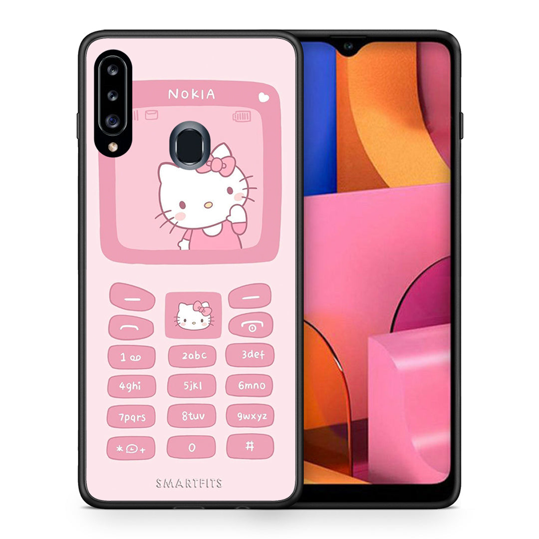 Θήκη Αγίου Βαλεντίνου Samsung Galaxy A20s Hello Kitten από τη Smartfits με σχέδιο στο πίσω μέρος και μαύρο περίβλημα | Samsung Galaxy A20s Hello Kitten case with colorful back and black bezels