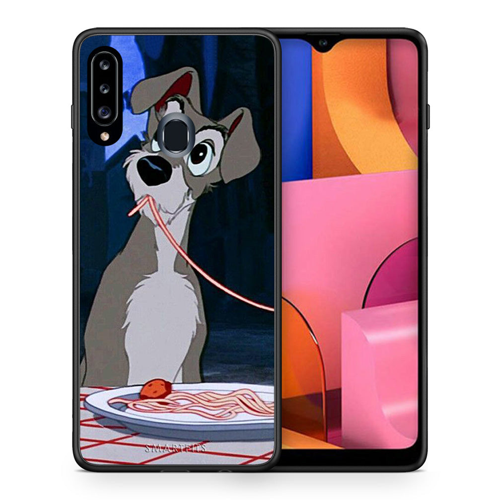 Θήκη Αγίου Βαλεντίνου Samsung Galaxy A20s Lady And Tramp 1 από τη Smartfits με σχέδιο στο πίσω μέρος και μαύρο περίβλημα | Samsung Galaxy A20s Lady And Tramp 1 case with colorful back and black bezels