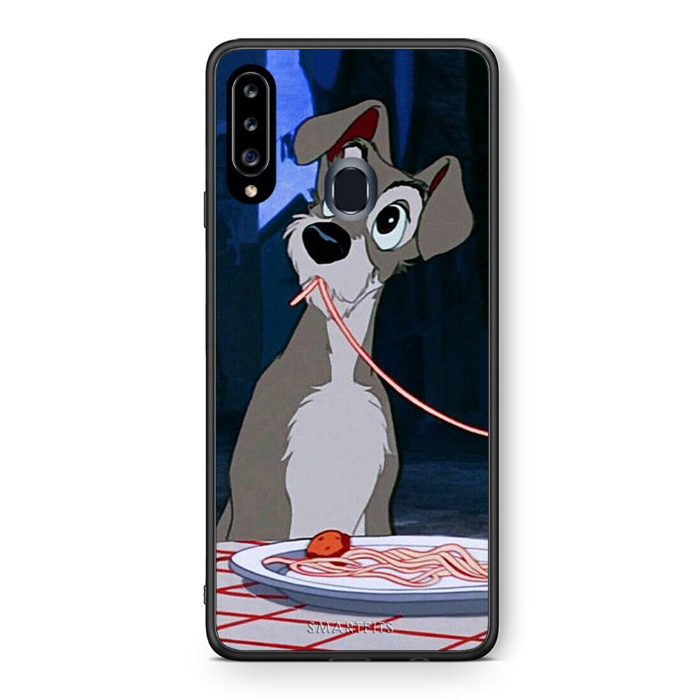 Θήκη Αγίου Βαλεντίνου Samsung Galaxy A20s Lady And Tramp 1 από τη Smartfits με σχέδιο στο πίσω μέρος και μαύρο περίβλημα | Samsung Galaxy A20s Lady And Tramp 1 case with colorful back and black bezels