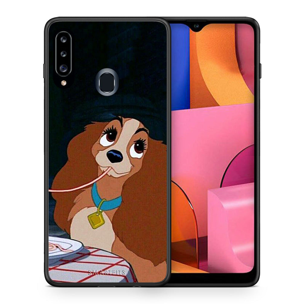 Θήκη Αγίου Βαλεντίνου Samsung Galaxy A20s Lady And Tramp 2 από τη Smartfits με σχέδιο στο πίσω μέρος και μαύρο περίβλημα | Samsung Galaxy A20s Lady And Tramp 2 case with colorful back and black bezels