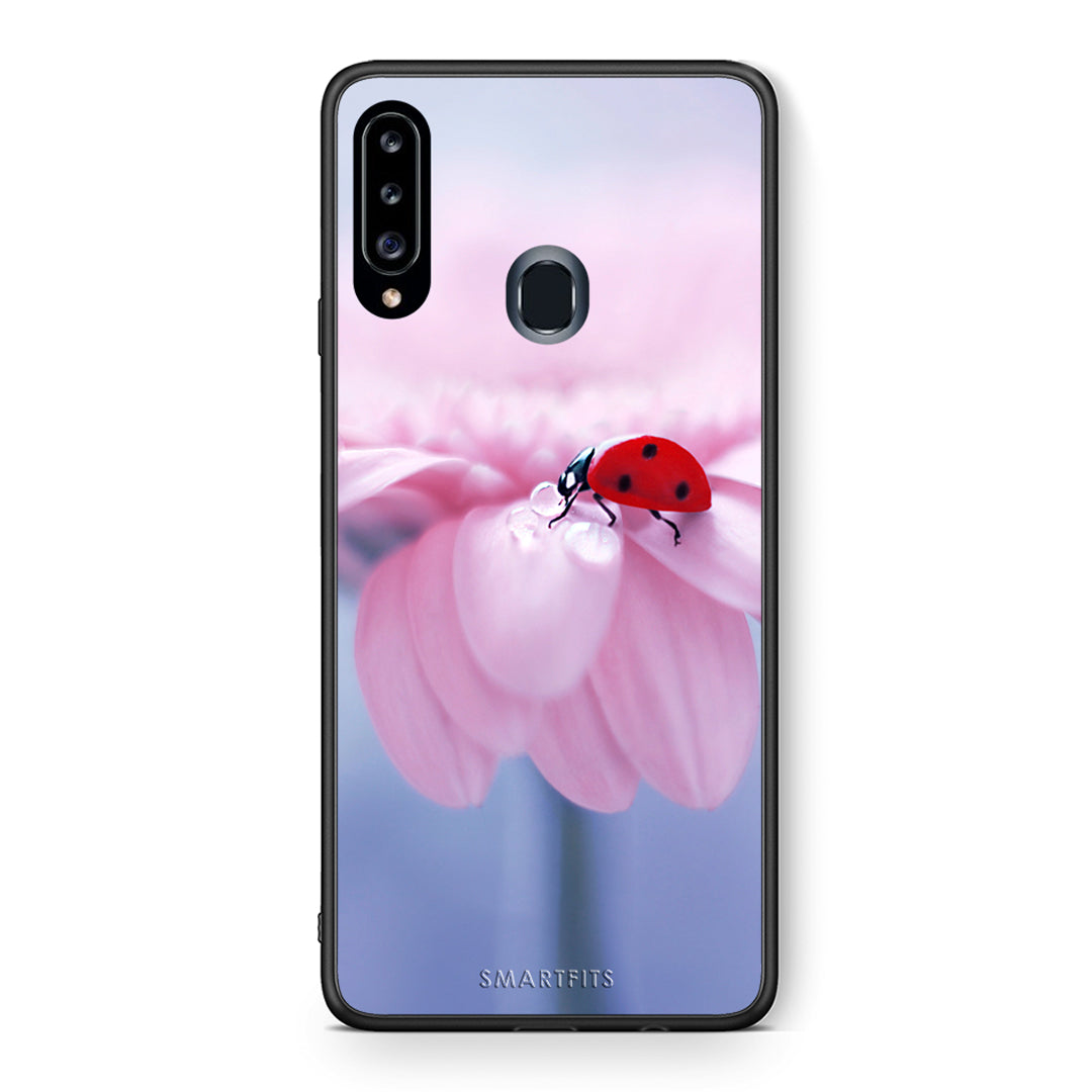 Θήκη Samsung Galaxy A20s Ladybug Flower από τη Smartfits με σχέδιο στο πίσω μέρος και μαύρο περίβλημα | Samsung Galaxy A20s Ladybug Flower case with colorful back and black bezels