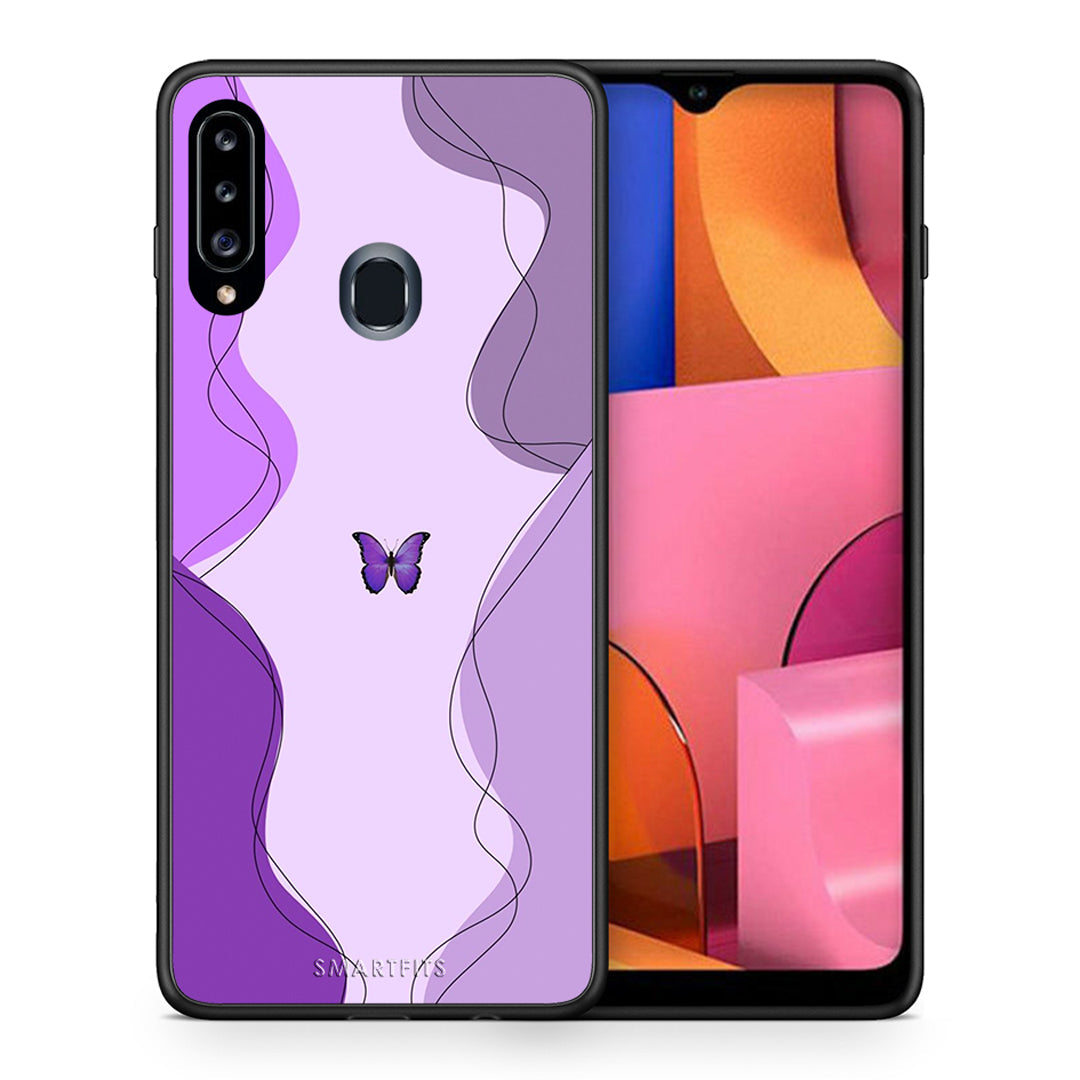 Θήκη Αγίου Βαλεντίνου Samsung Galaxy A20s Purple Mariposa από τη Smartfits με σχέδιο στο πίσω μέρος και μαύρο περίβλημα | Samsung Galaxy A20s Purple Mariposa case with colorful back and black bezels