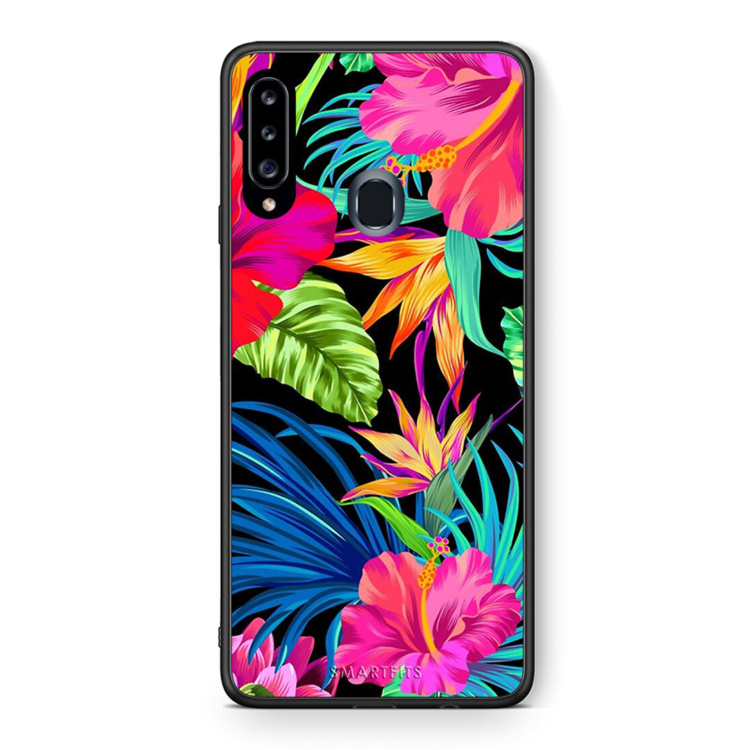 Θήκη Samsung Galaxy A20s Tropical Flowers από τη Smartfits με σχέδιο στο πίσω μέρος και μαύρο περίβλημα | Samsung Galaxy A20s Tropical Flowers case with colorful back and black bezels