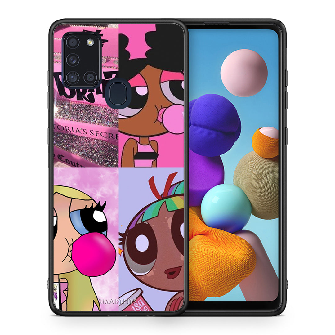 Θήκη Αγίου Βαλεντίνου Samsung A21s Bubble Girls από τη Smartfits με σχέδιο στο πίσω μέρος και μαύρο περίβλημα | Samsung A21s Bubble Girls case with colorful back and black bezels