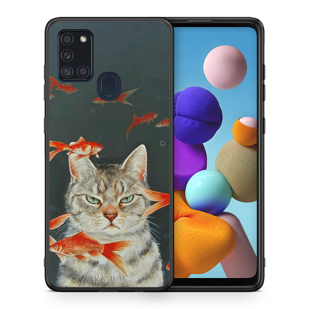 Θήκη Samsung A21s Cat Goldfish από τη Smartfits με σχέδιο στο πίσω μέρος και μαύρο περίβλημα | Samsung A21s Cat Goldfish case with colorful back and black bezels