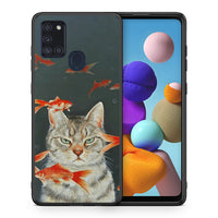 Thumbnail for Θήκη Samsung A21s Cat Goldfish από τη Smartfits με σχέδιο στο πίσω μέρος και μαύρο περίβλημα | Samsung A21s Cat Goldfish case with colorful back and black bezels