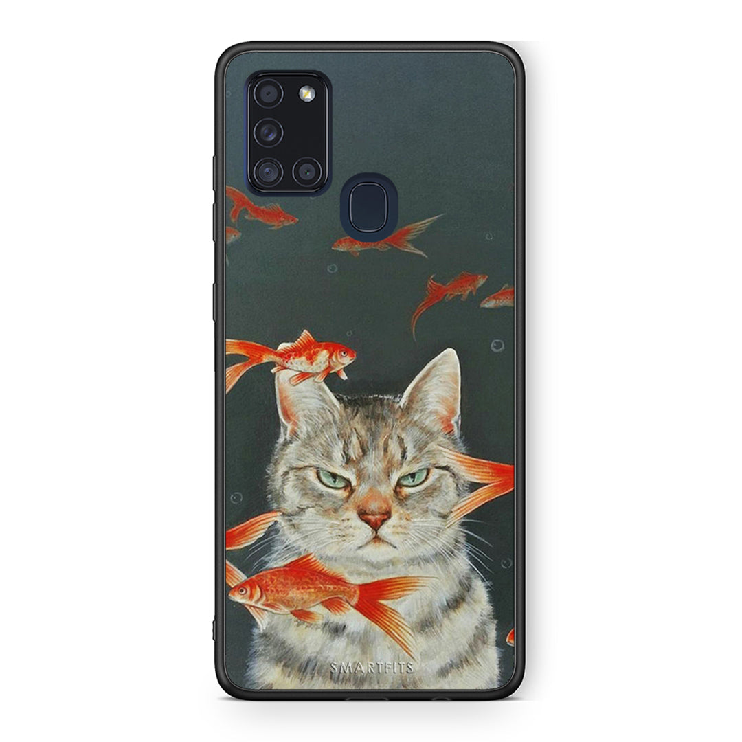 Samsung A21s Cat Goldfish θήκη από τη Smartfits με σχέδιο στο πίσω μέρος και μαύρο περίβλημα | Smartphone case with colorful back and black bezels by Smartfits